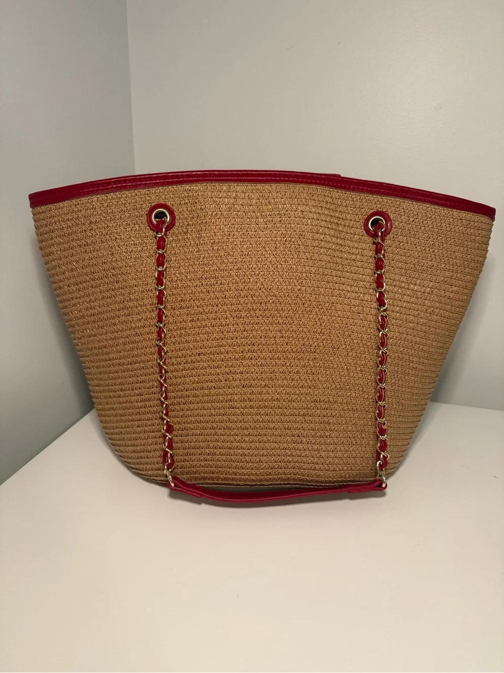 Raffia Tote with Red Trim and Chain Handles
